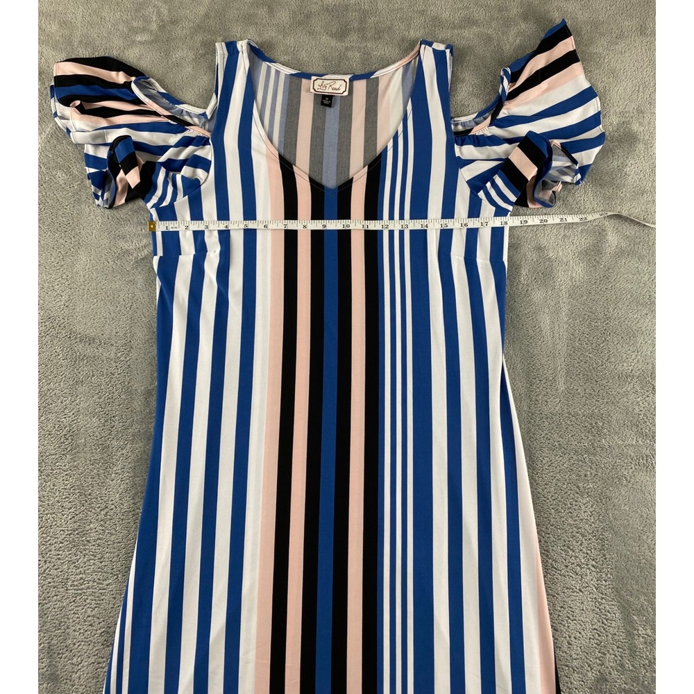 Ivy Road Womens Blue Pink Striped Cold Shoulder V-Neck Flutter Sleeve Dress M - Picture 4 of 12